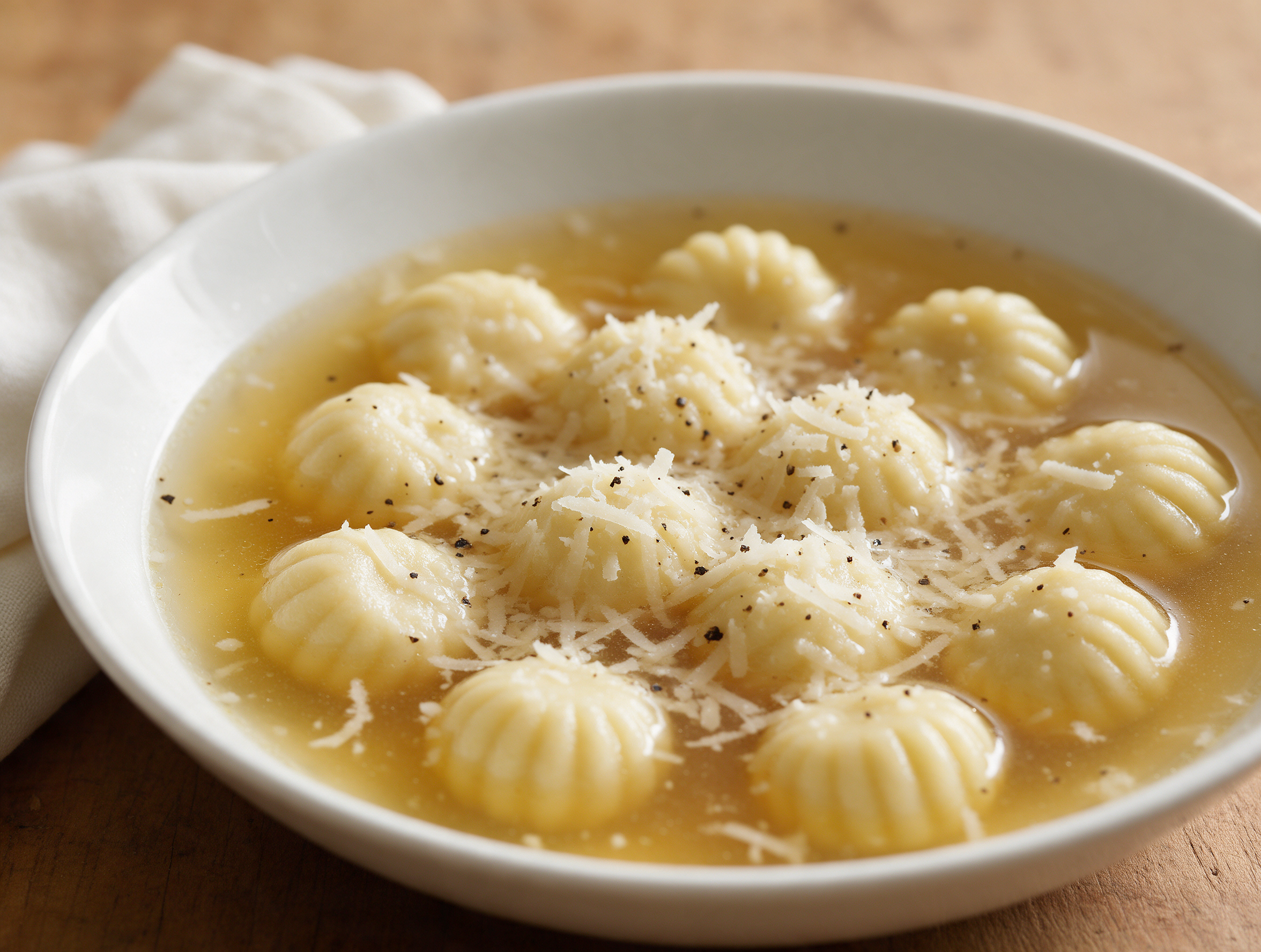 Shallow white bowl of clear golden broth holding fluted round marubini, with grated Grana Padano on a linen napkin
