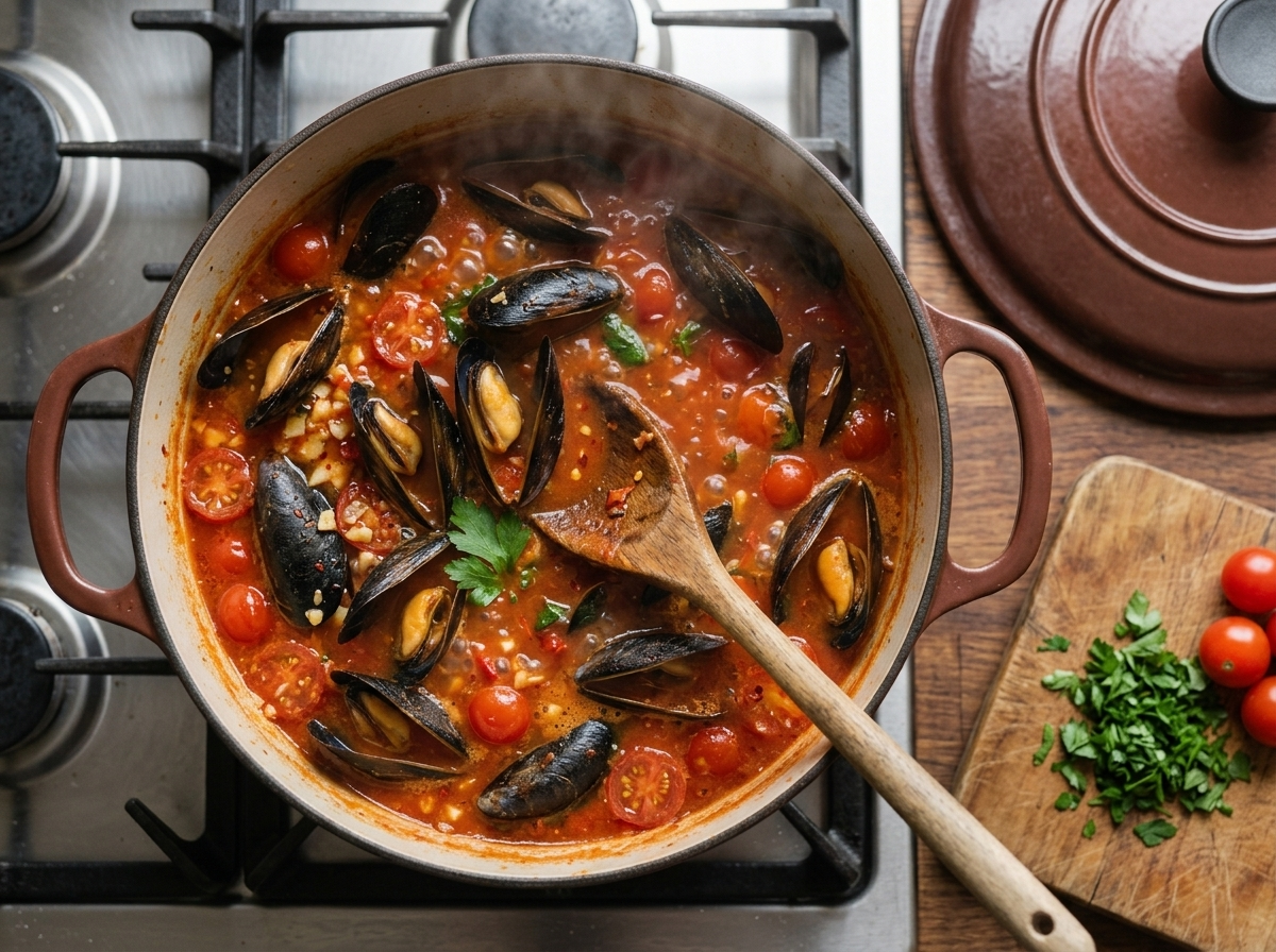 Mussel shells gaping open in a Dutch oven of bubbling garlic and chili sauce while a wooden spoon turns them