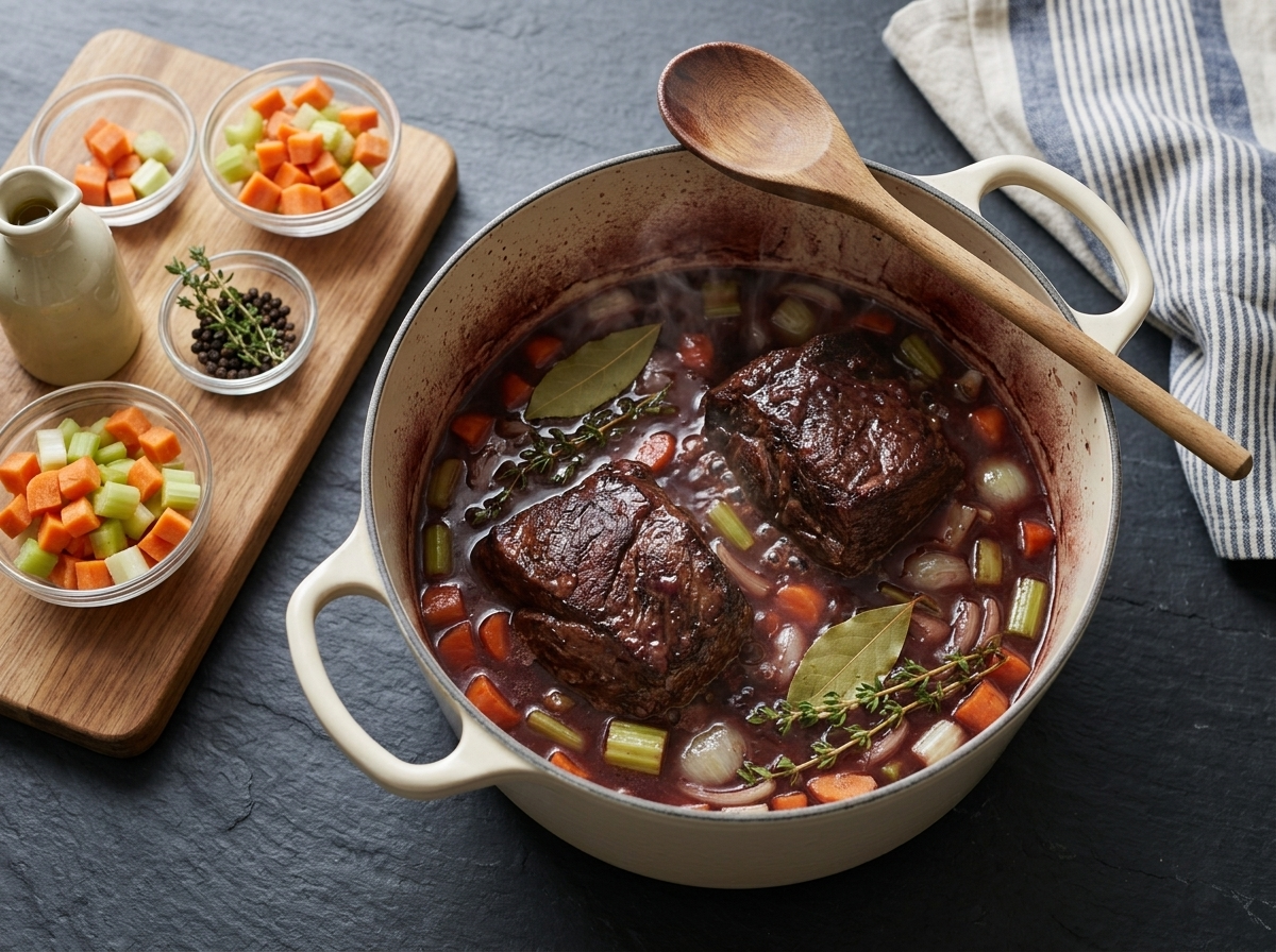 Seared cheeks nestled in an enameled Dutch oven with soffritto, bay leaves and wine at a gentle bubble