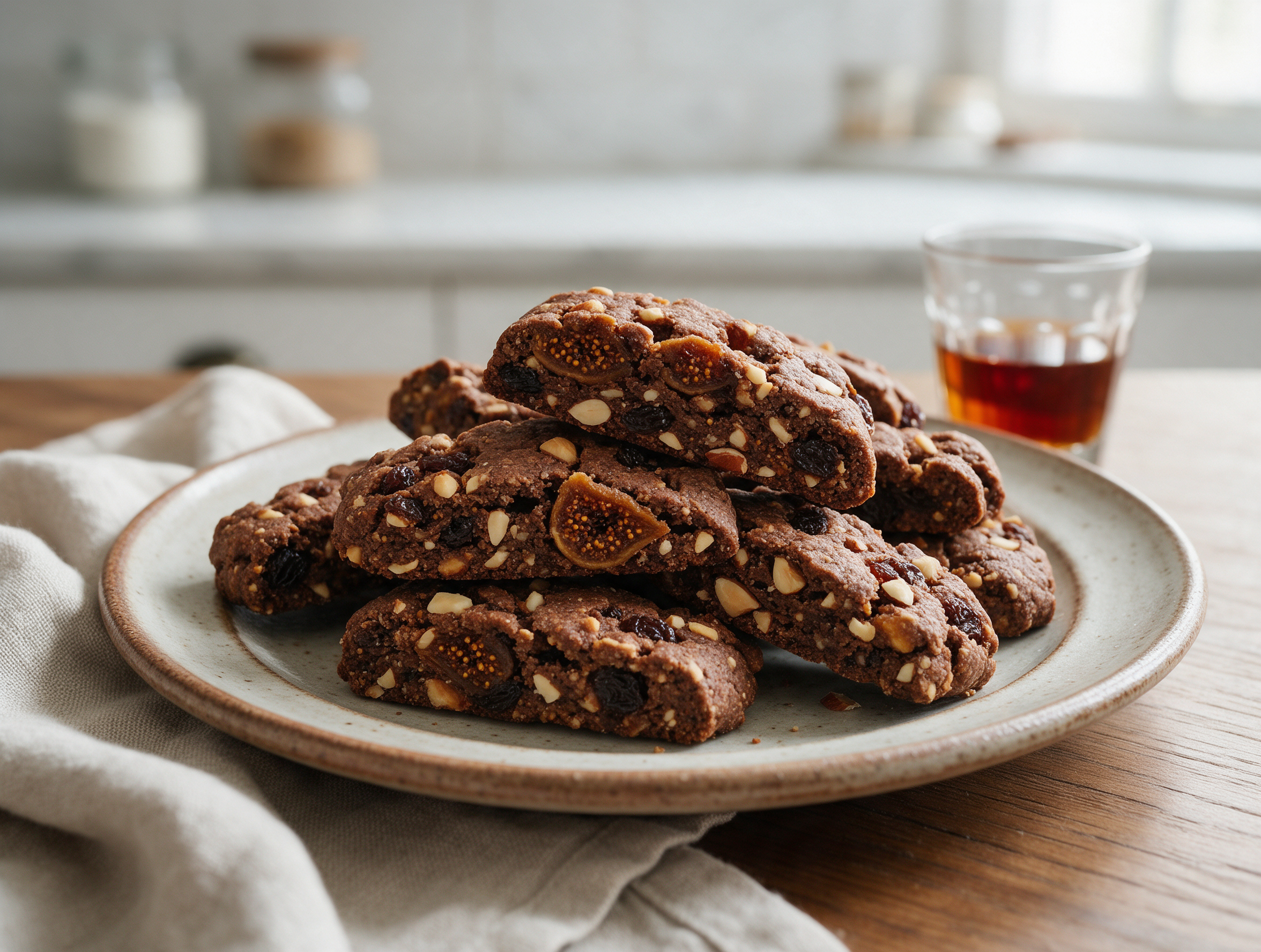 Dark fig and raisin spiced cookies on a plate beside a glass of Marsala