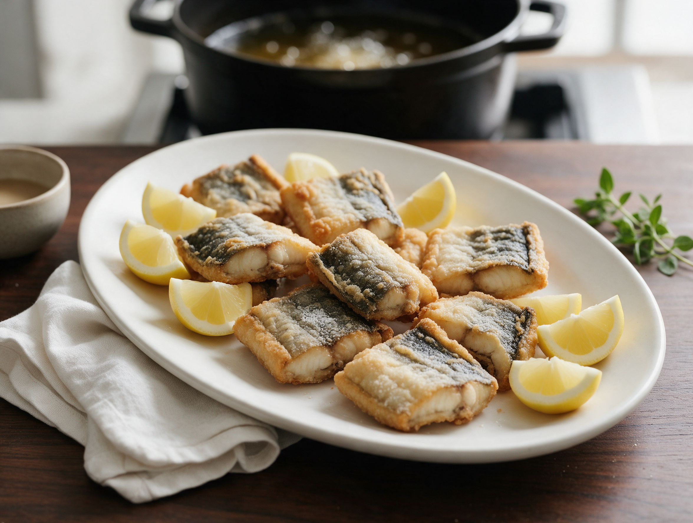 Thick pieces of fried eel with crisp golden skin on a platter with lemon halves