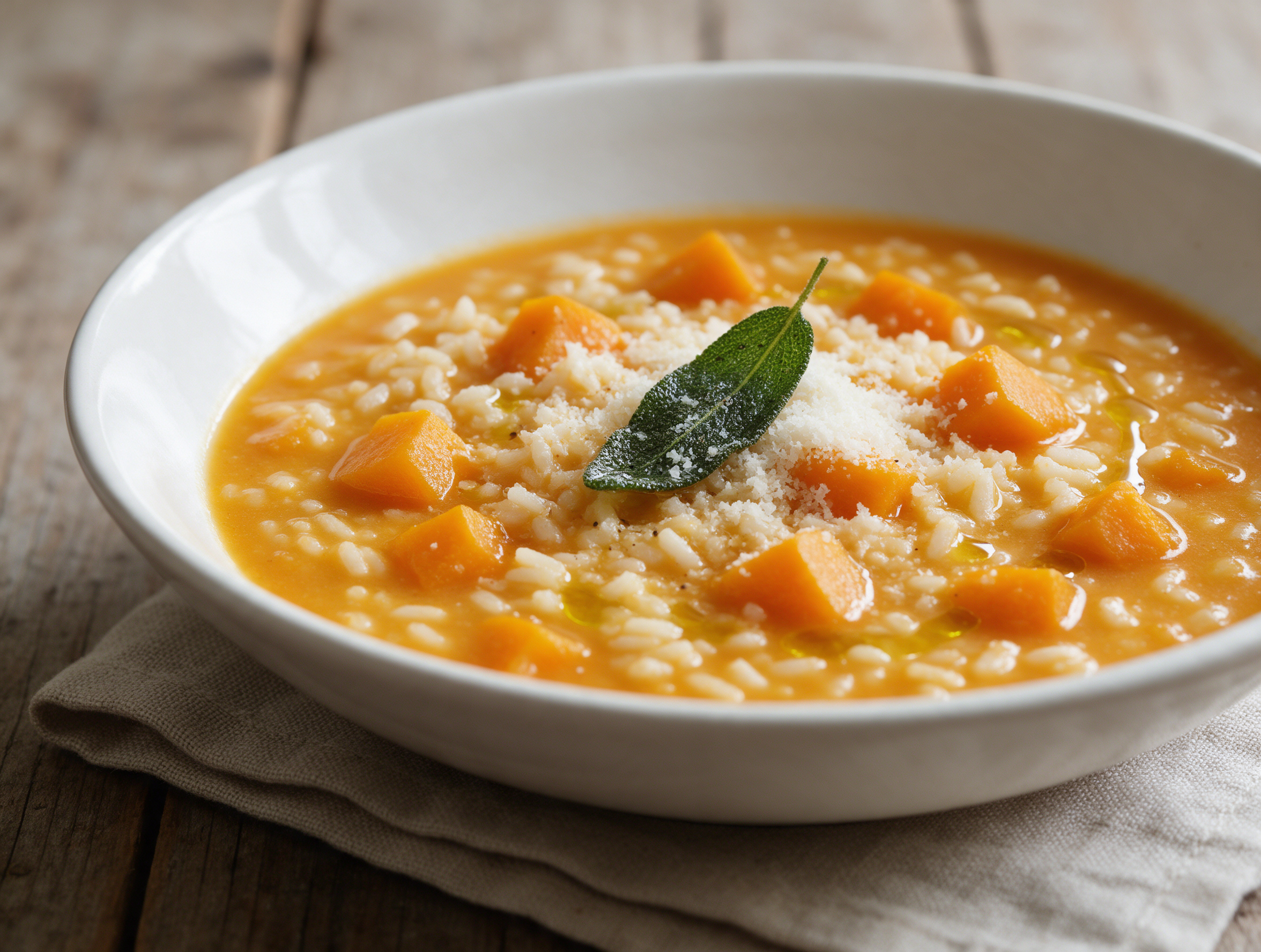 Wide shallow bowl of orange pumpkin rice soup with grated Parmesan, a sage leaf, and olive oil on a linen cloth