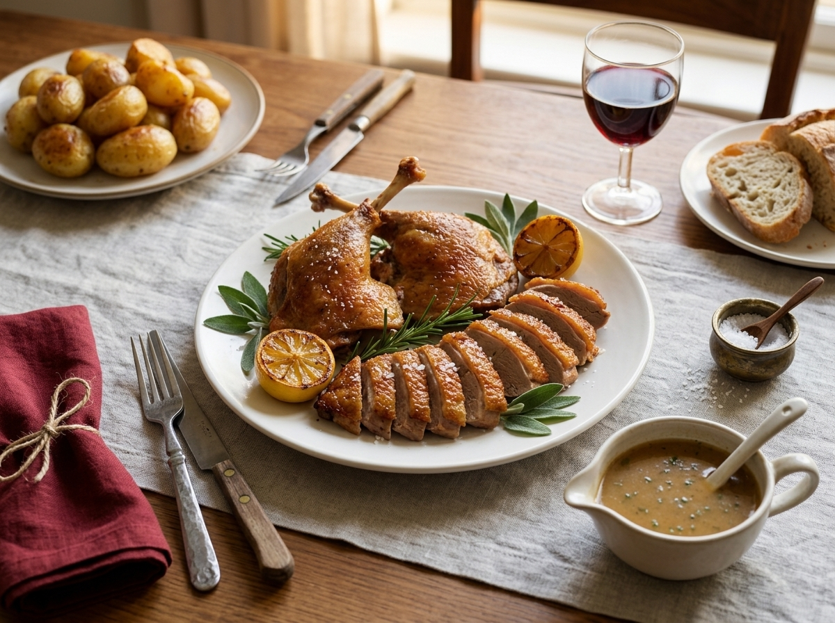 Carved duck legs and sliced breast on a linen-set table with potatoes, red wine and a small sauce boat