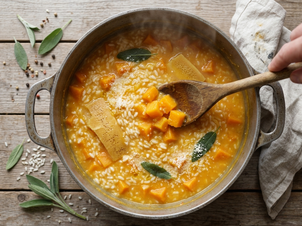 Wooden spoon pressing cooked butternut cubes against the side of a pot of simmering rice and broth