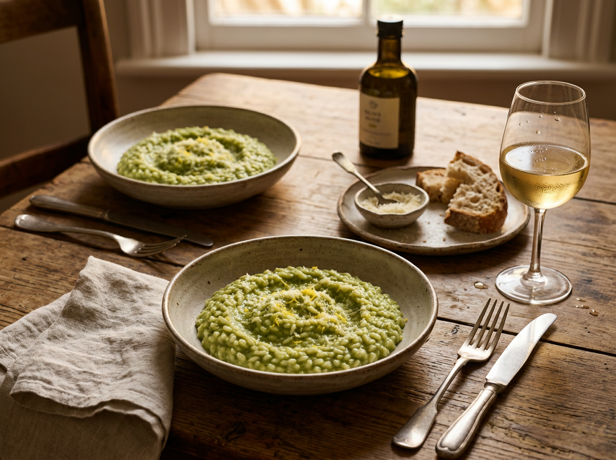 Two bowls of risotto beside a glass of white wine, linen napkins, and a bottle of olive oil at a rustic table