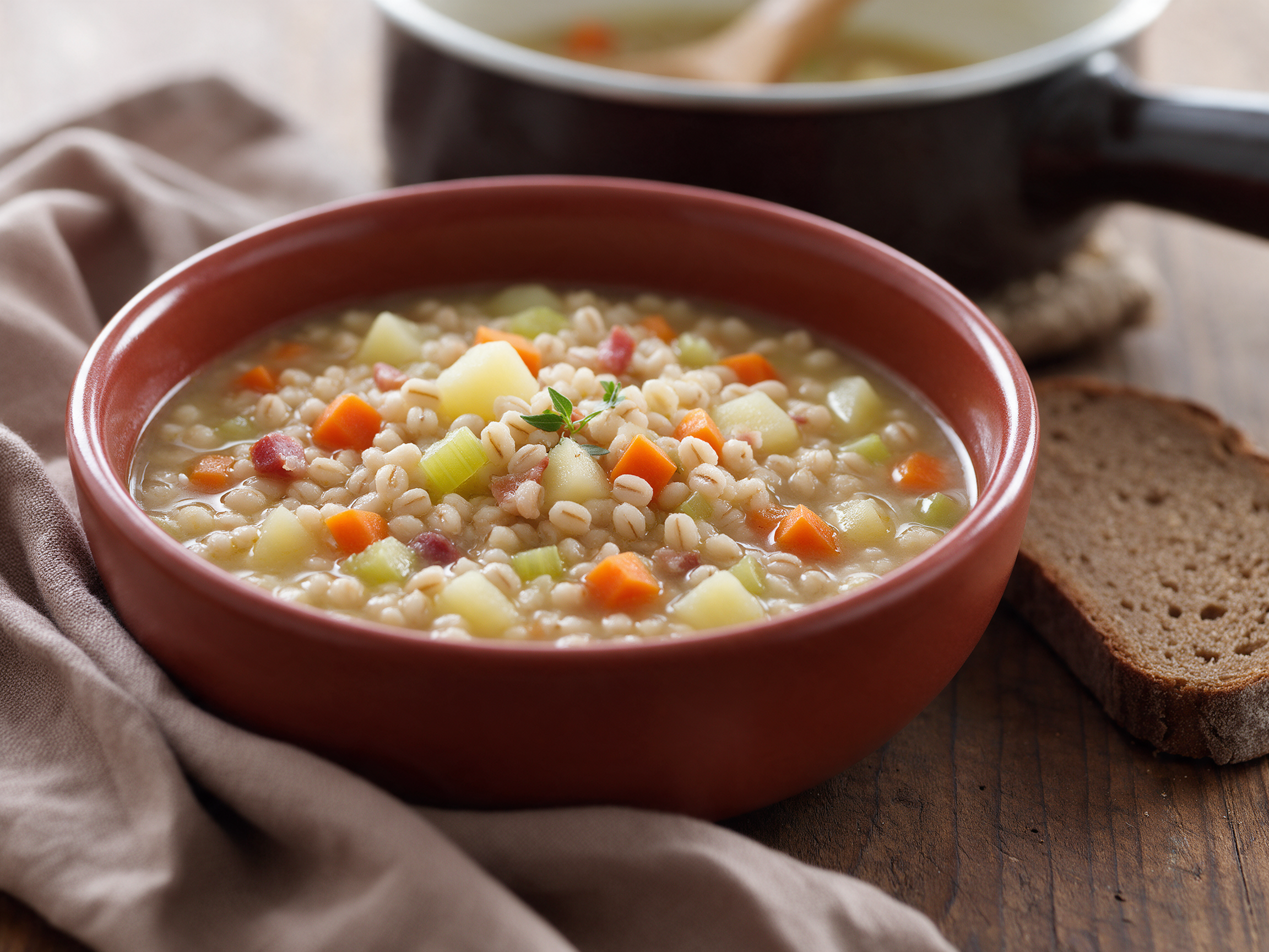 Bowl of thick pearl barley soup with speck, carrot, celery and potato beside rye bread
