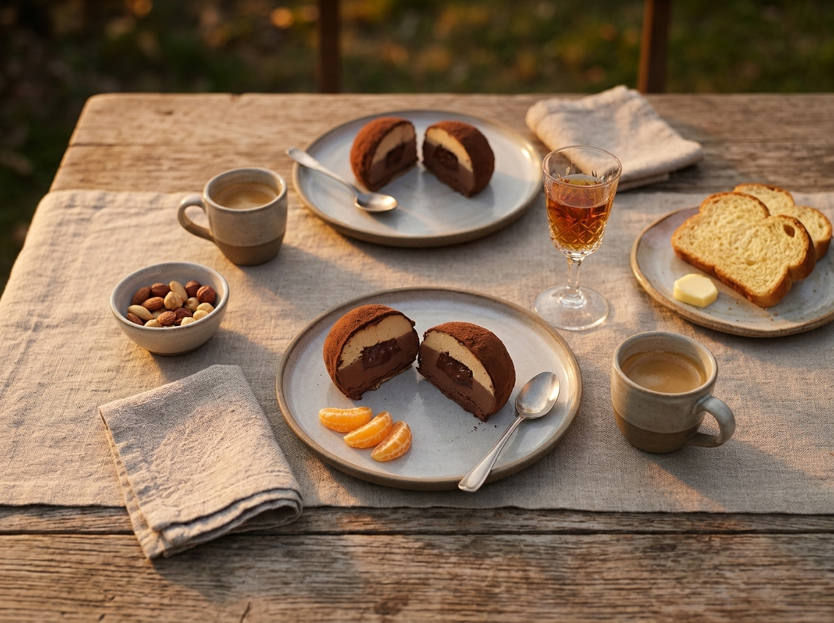 Two unwrapped truffles on small stoneware plates beside espresso cups on a linen-covered table at dusk