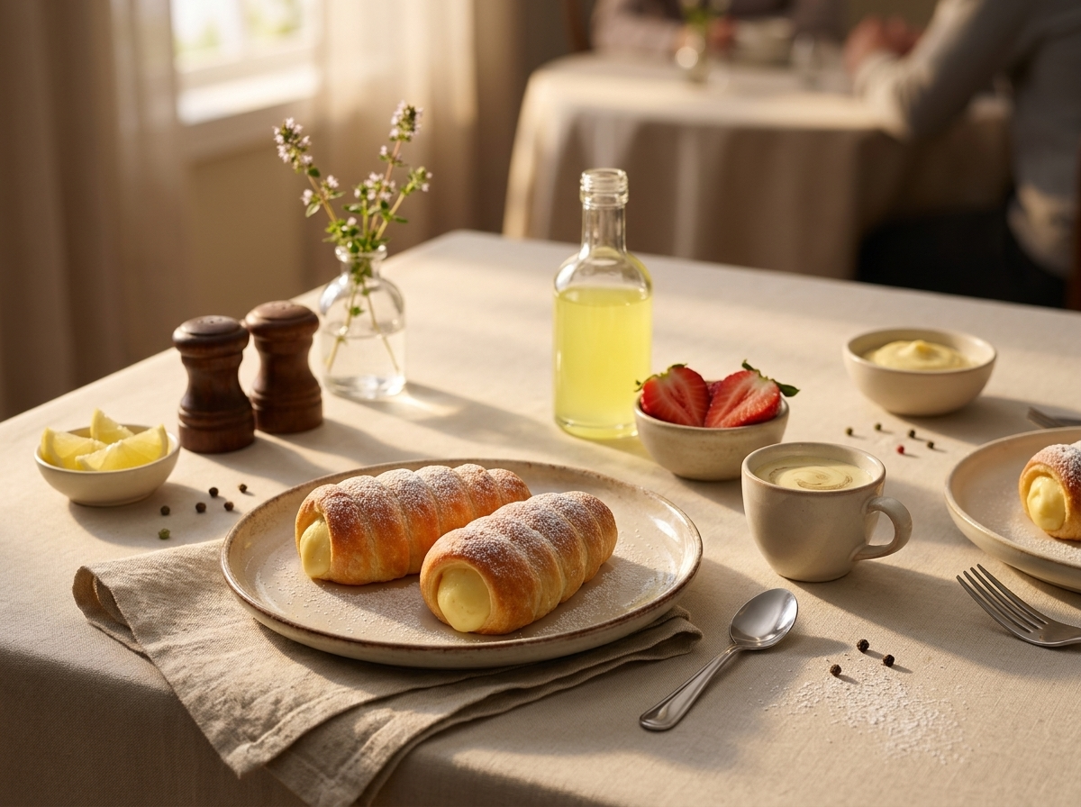 Espresso and a plate of filled pastries on a linen-covered cafe table in warm morning light