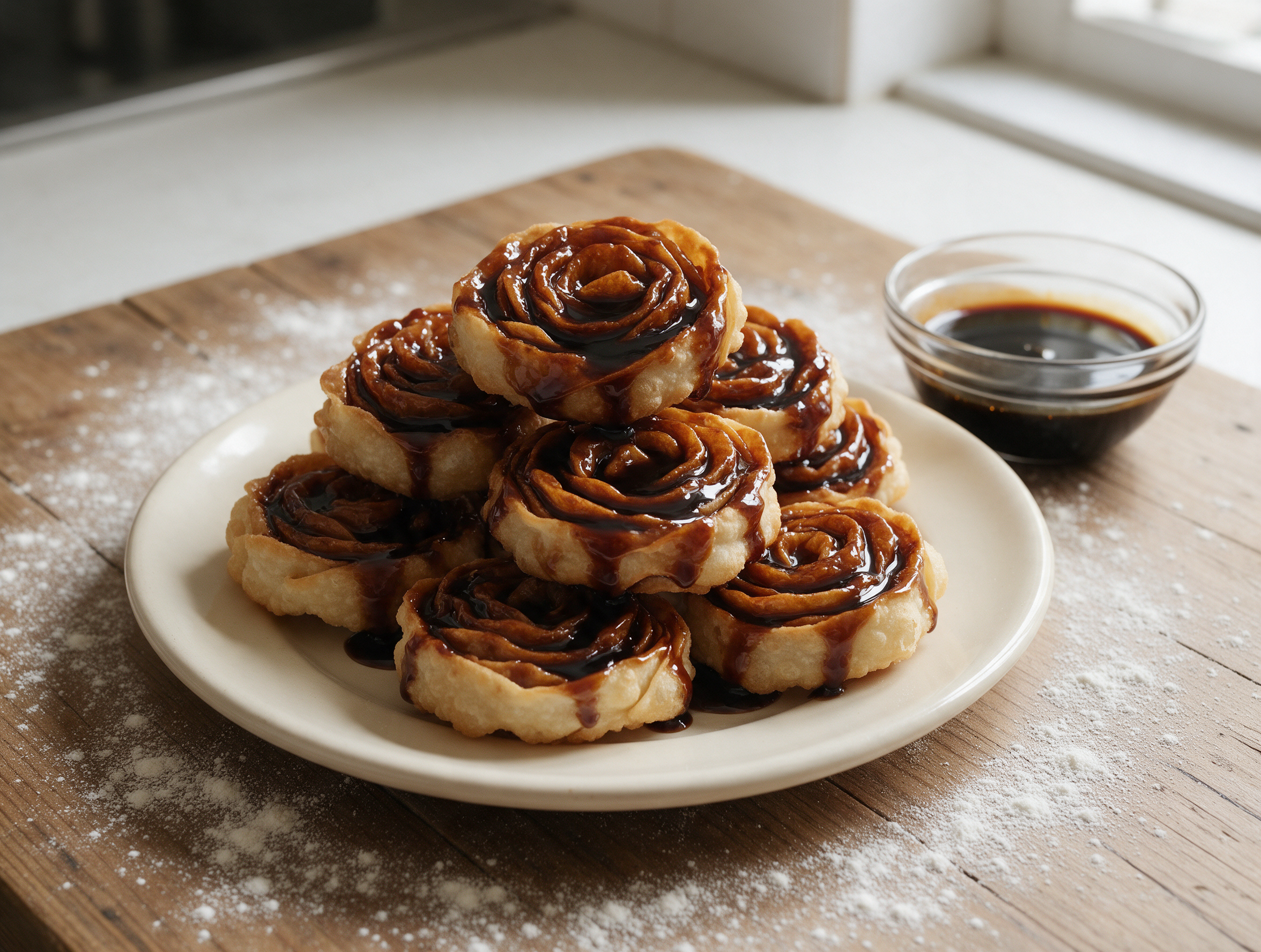 Pale gold fried cartellate rosettes coated in dark vincotto, stacked on a ceramic plate on a wooden table