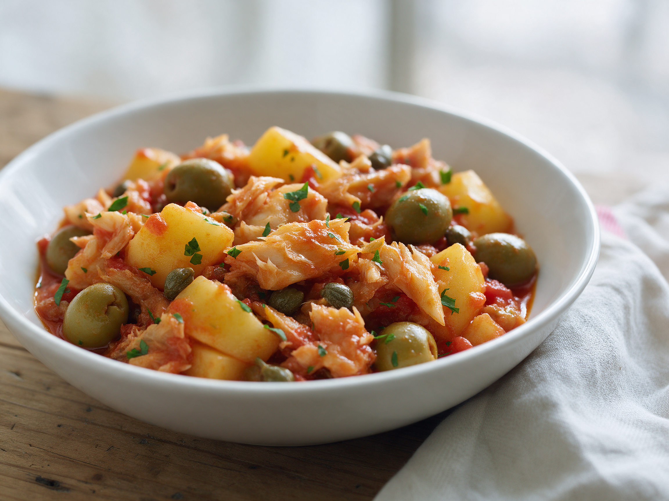 Overhead view of stockfish pieces, potato chunks, green olives and capers in tomato sauce, finished with parsley