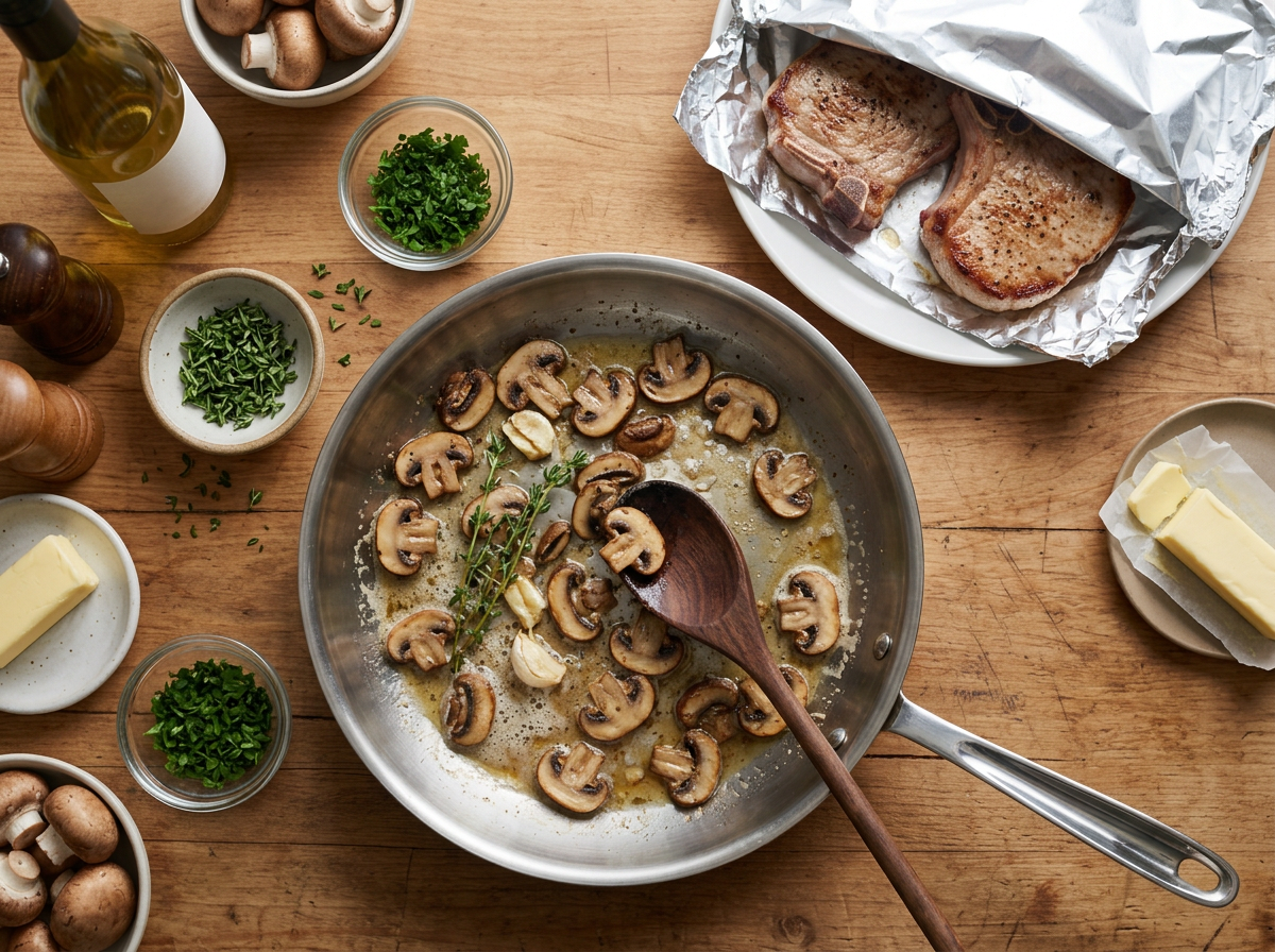 Sliced cremini mushrooms browning in a stainless skillet as a wooden spoon stirs, veal chop resting nearby