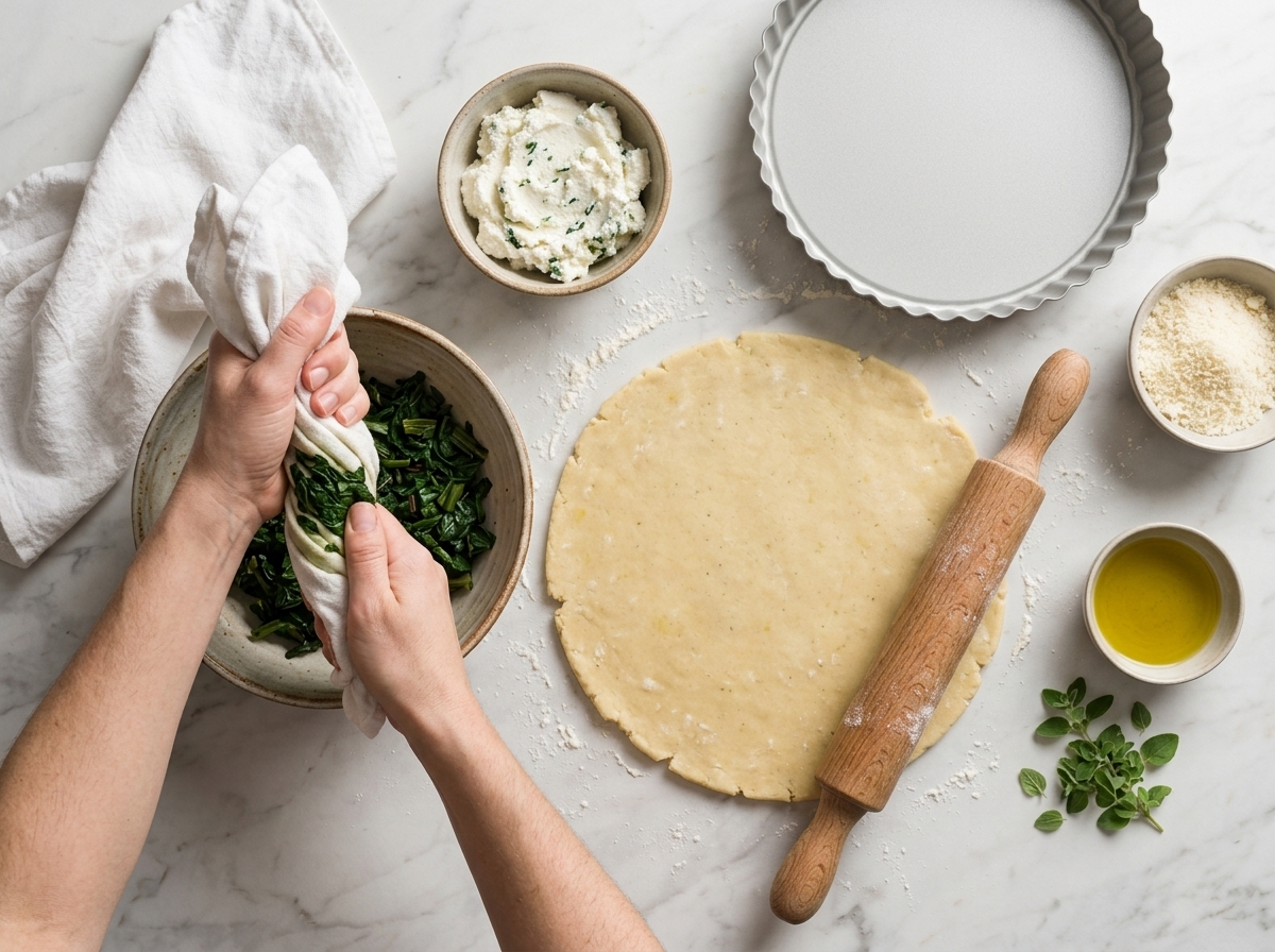 Hands wringing cooked chard and spinach in a white towel over a bowl, with rolled dough on a marble counter