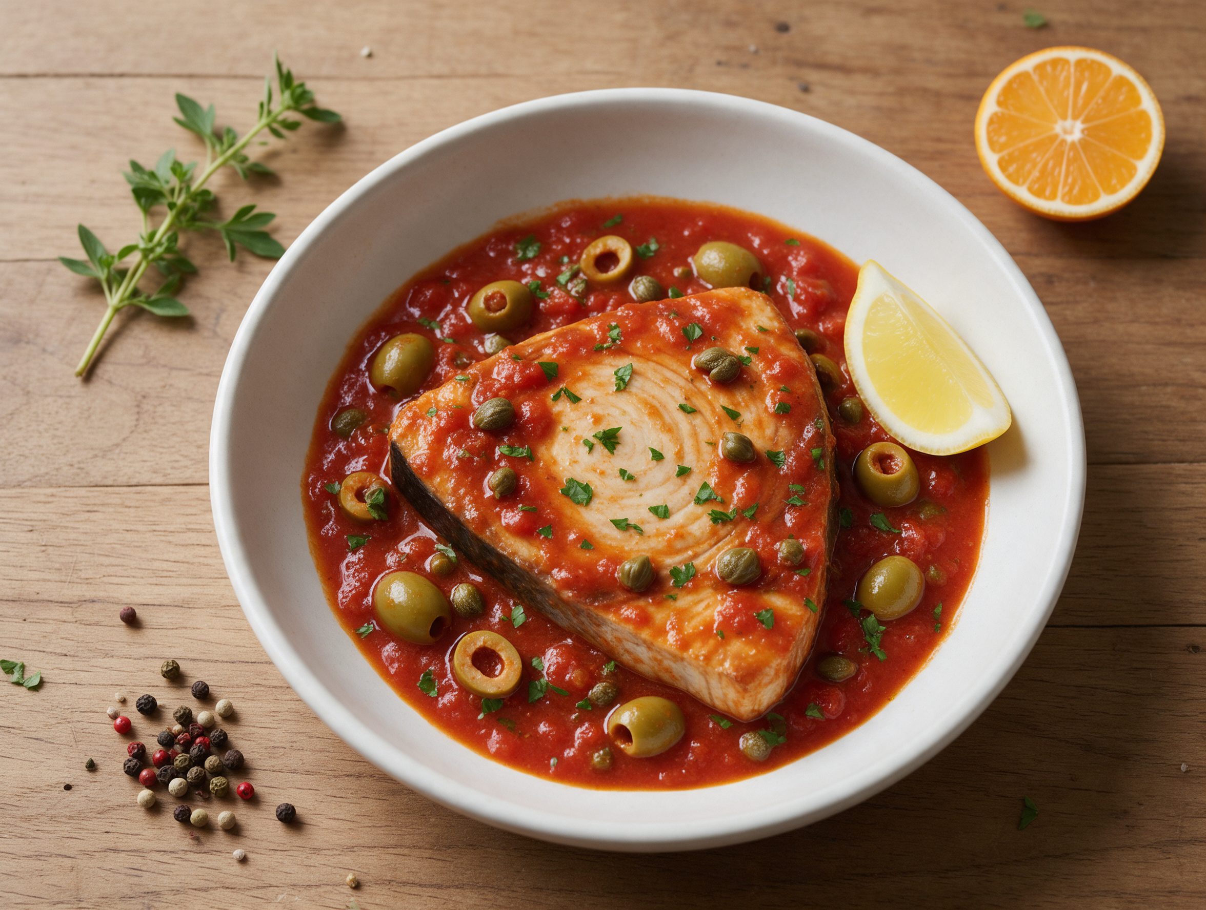 Swordfish steak in red tomato sauce with green olives and capers, parsley on top, in a white shallow bowl