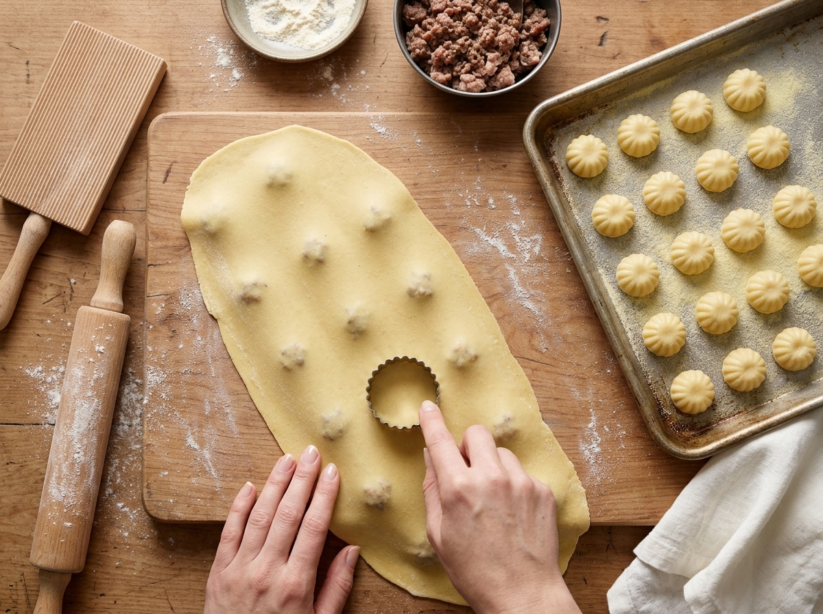 Hands pressing a fluted 4 cm cutter through two pasta sheets over small mounds of meat filling on a floured board