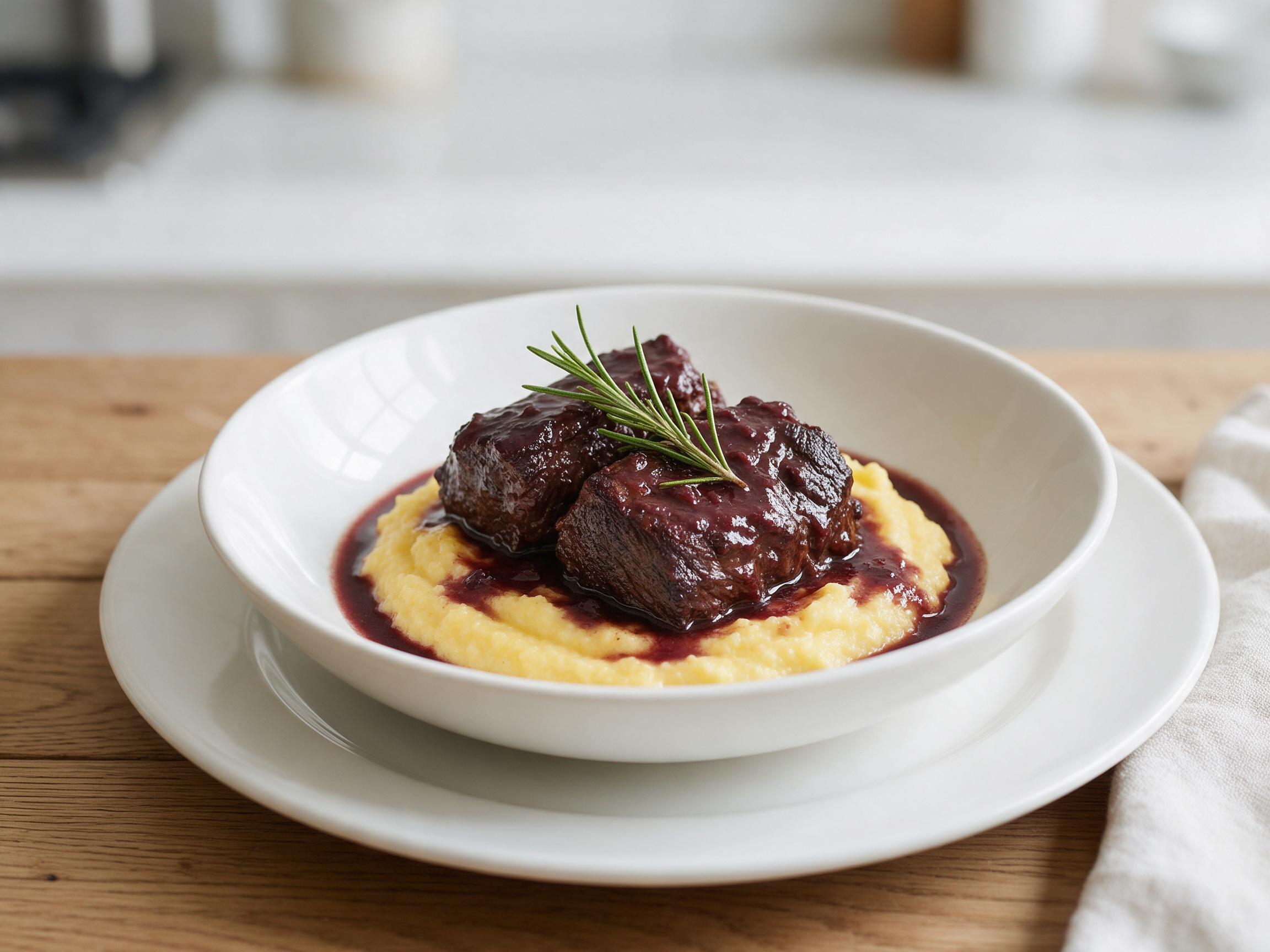 Two braised beef cheeks on soft polenta under glossy red wine sauce with a rosemary sprig in a white bowl