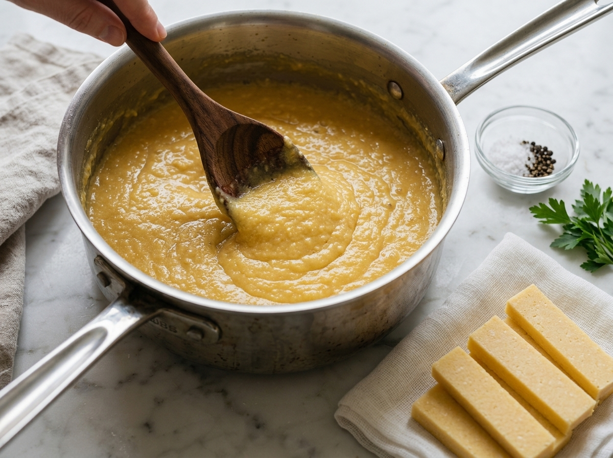 Thick pale chickpea batter being stirred with a wooden spoon in a steel saucepan as it pulls from the sides