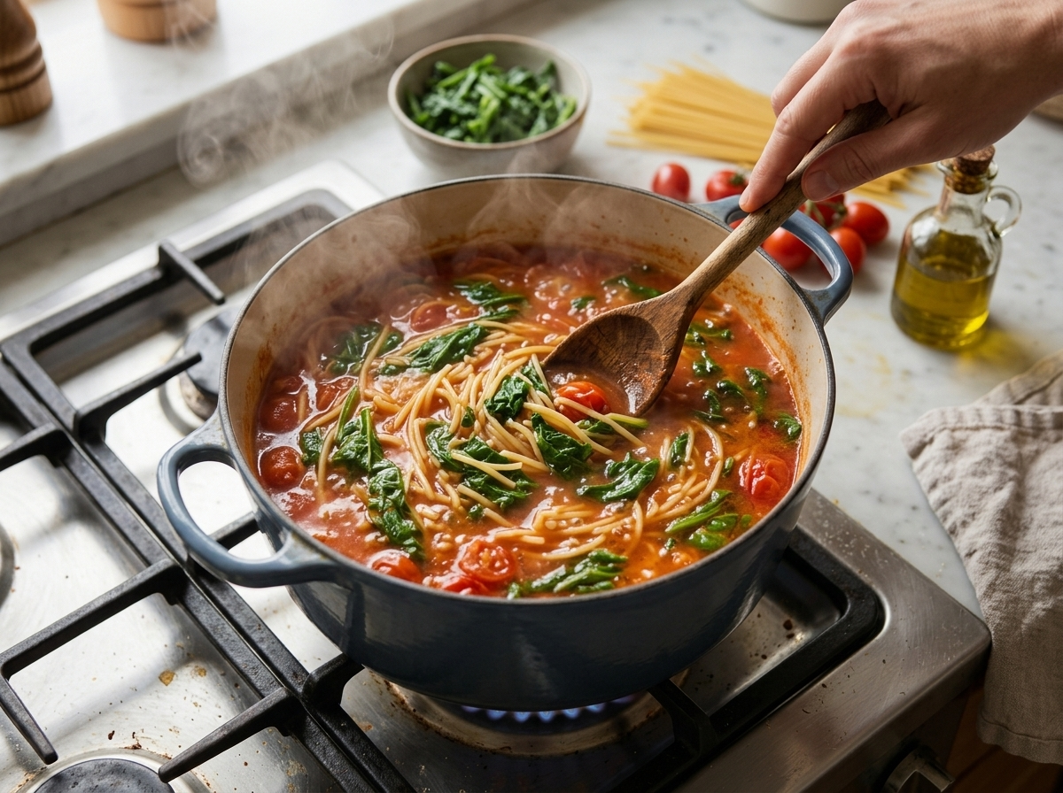 Cook stirring broken spaghetti into simmering tomato broth with wilted tenerumi in a Dutch oven
