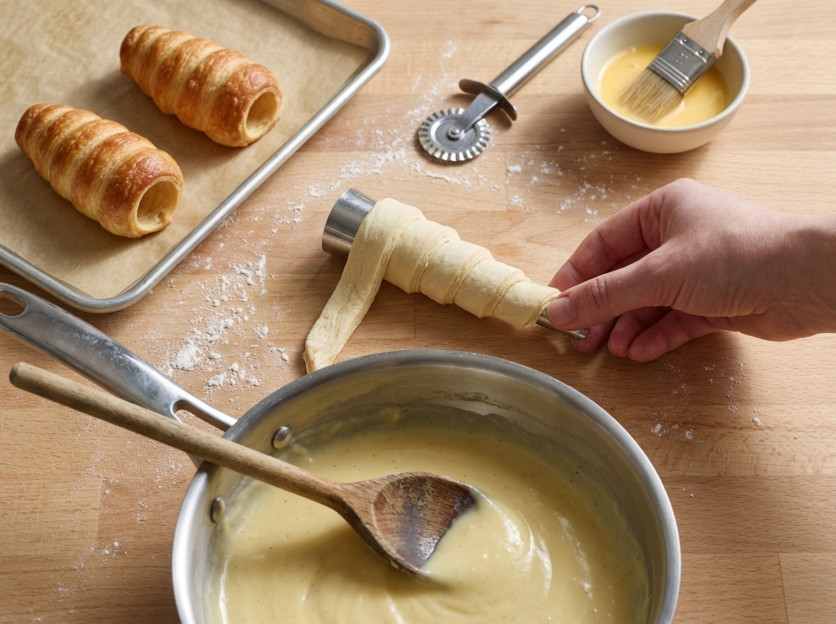 Hands winding a strip of rough puff dough around a metal cone mould on a floured wooden counter