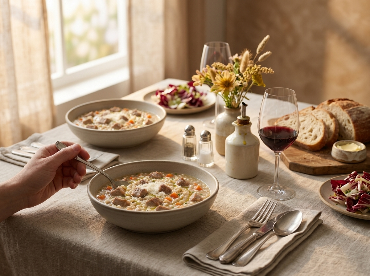 Two soup bowls with sliced country bread and a radicchio salad set on a linen-covered table for a weeknight dinner