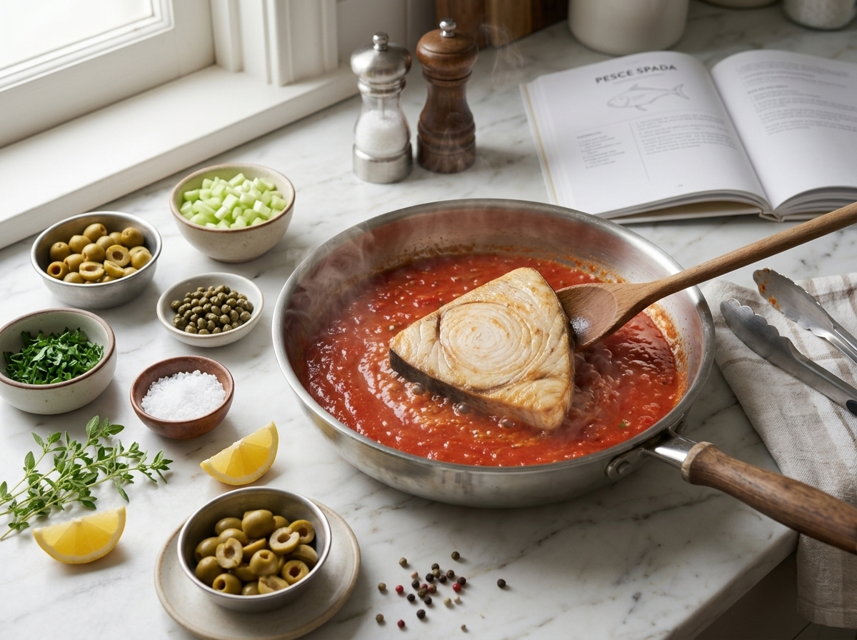 Skillet of simmering tomato sauce with halved green olives and capers as a swordfish steak is nestled in