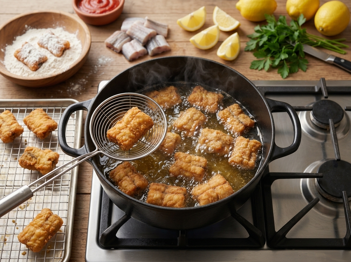 Floured eel pieces frying in oil in a black Dutch oven while a spider lifts one crisp piece