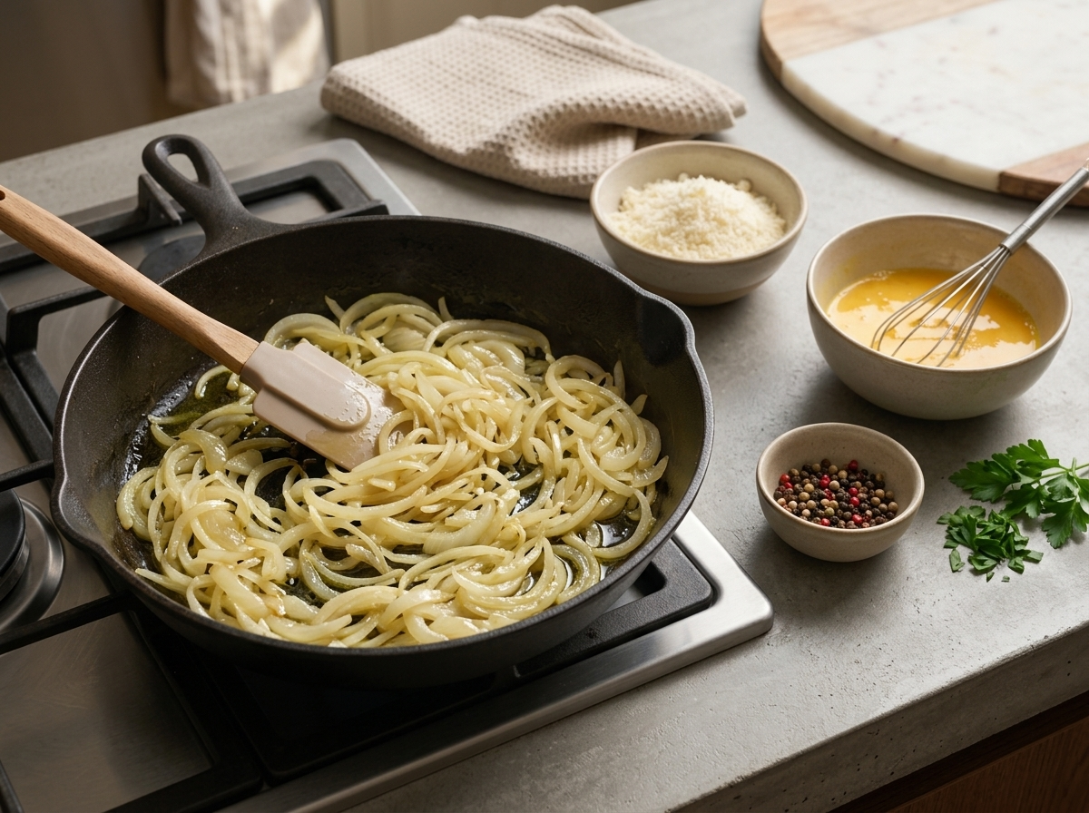 Sliced onions turning soft and pale gold in olive oil, stirred with a spatula in a wide skillet