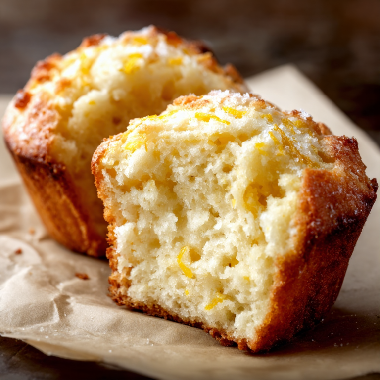Italian lemon ricotta muffin cut in half showing moist, tender crumb texture with lemon zest flecks