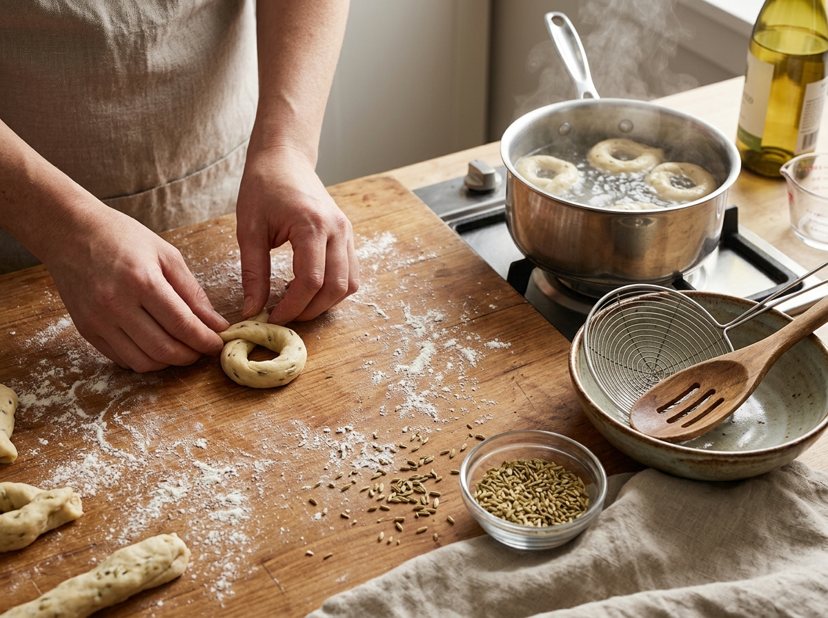 Hands shaping a small dough rope into a ring beside a pot of simmering water with tarallini floating on top.