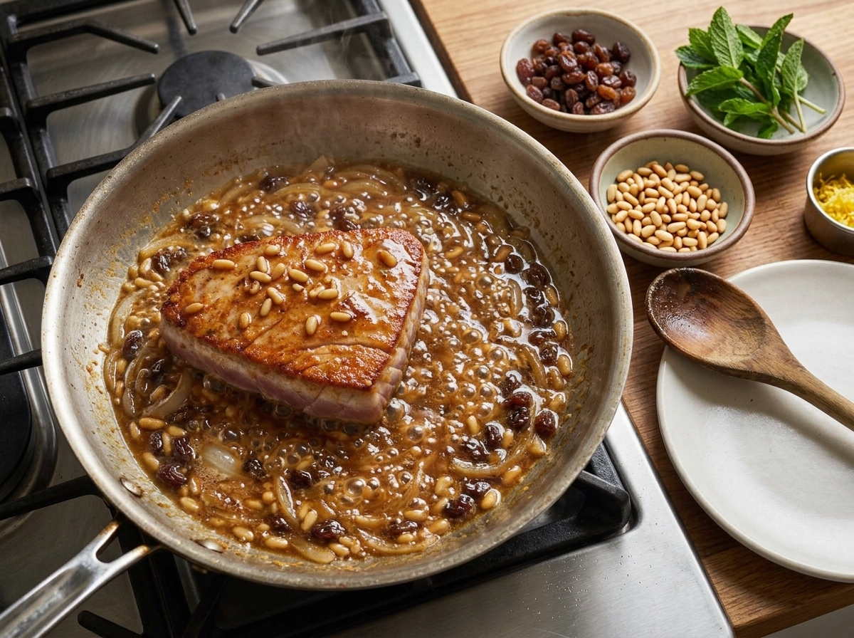Sliced onions and raisins simmering in a reducing vinegar-sugar sauce in a steel skillet, wooden spoon stirring