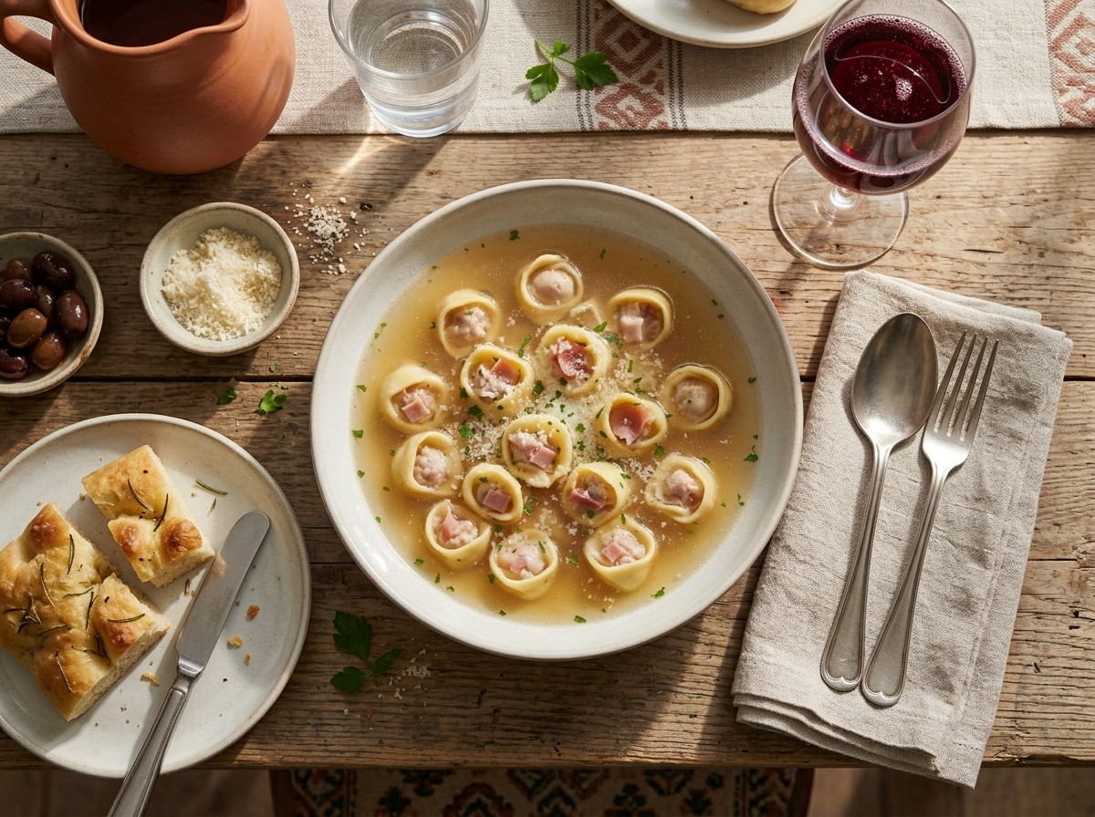 A table set with linen napkins and a glass of Lambrusco beside steaming bowls of cappelletti in brodo.