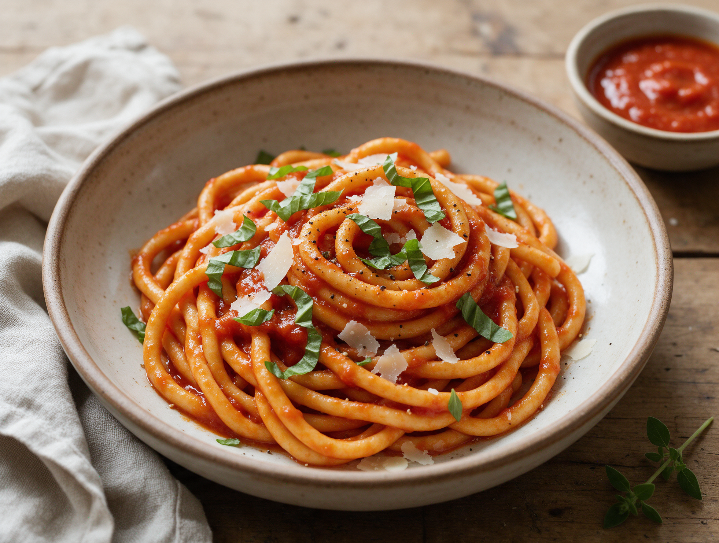 Overhead shot of coiled hand-rolled pici in red aglione sauce, torn basil and pecorino shavings on a rustic wooden board
