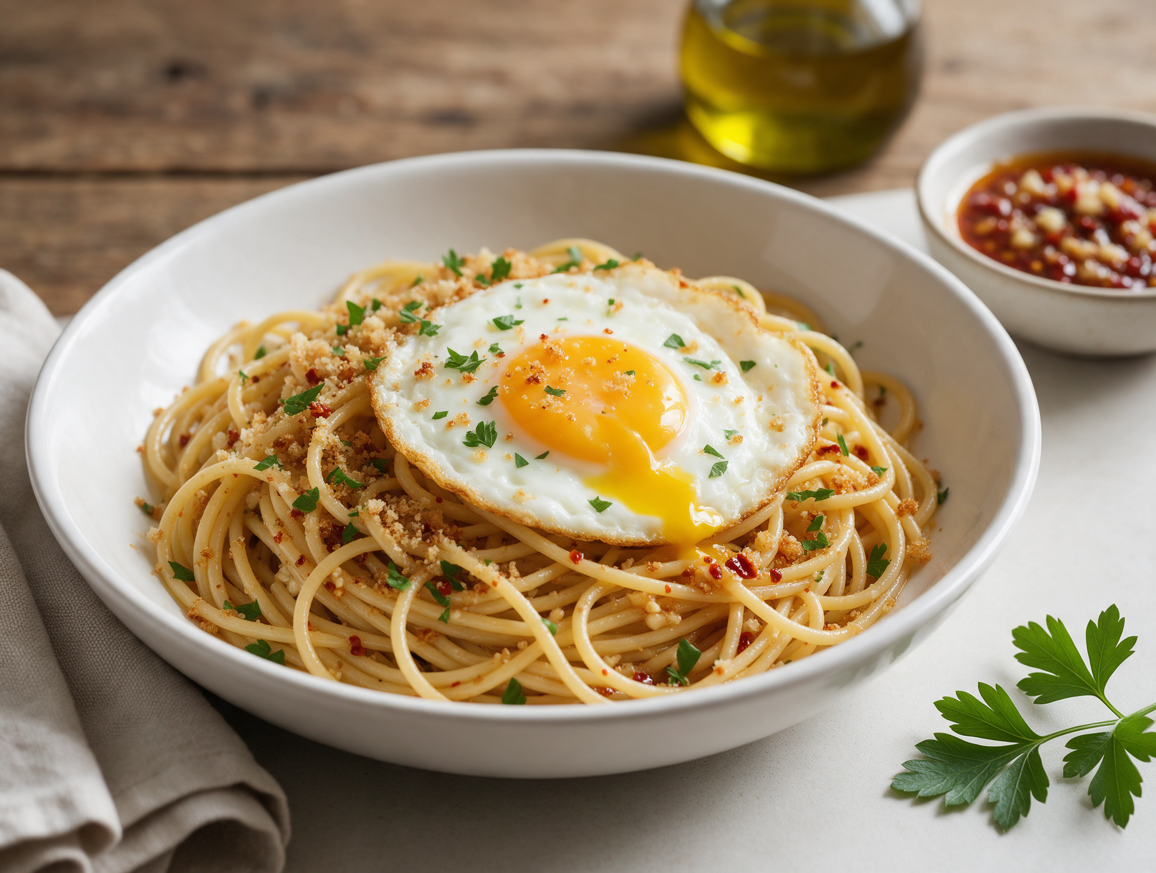Bowl of spaghetti alla poverella with a golden fried egg, runny yolk, and toasted breadcrumbs on a wooden table