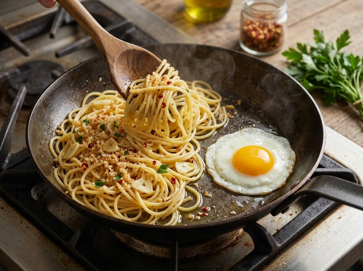 Spaghetti being tossed in a skillet with sliced garlic, chile flakes, and golden olive oil over stovetop heat