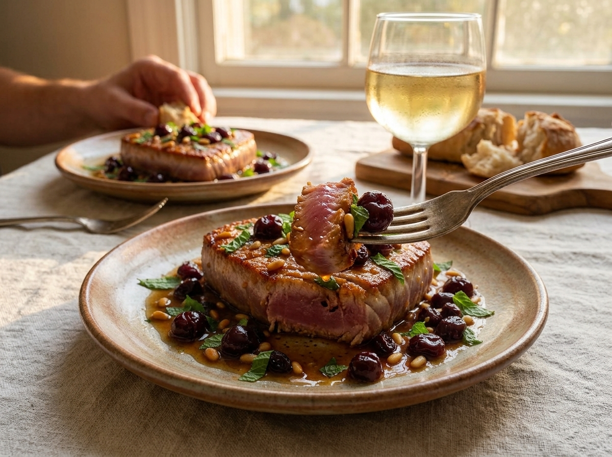 Two plates of tonno in agrodolce on a linen-covered table beside a glass of chilled white wine and crusty bread