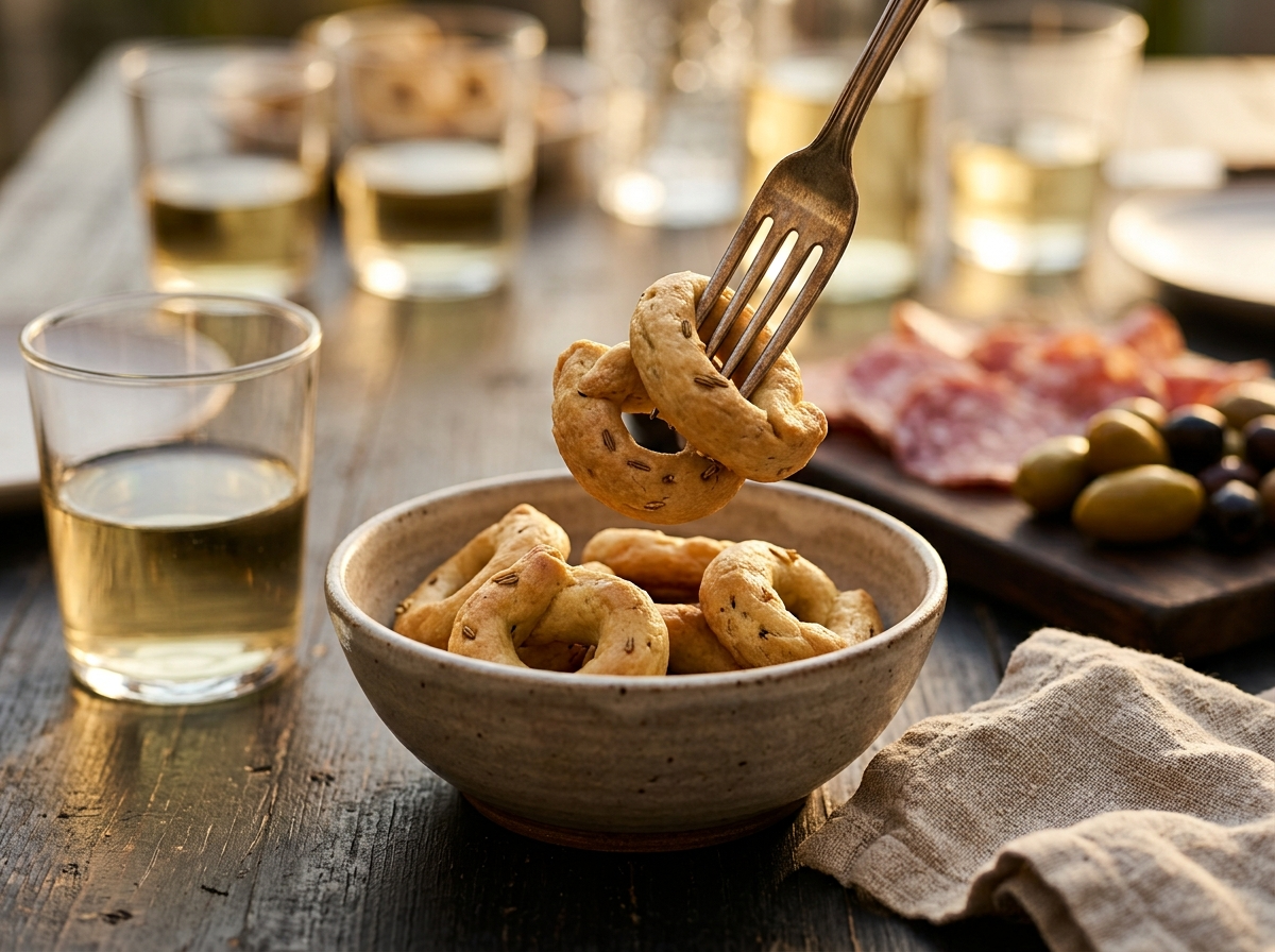 A rustic aperitivo spread with tarallini pugliesi, olives, and cured meats set on a wooden table in warm light.