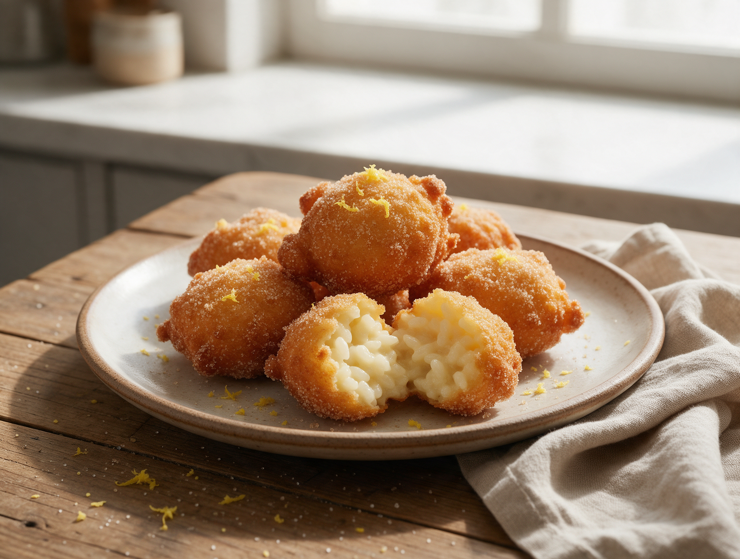 Golden frittelle di riso piled on a rustic plate, dusted with sugar, one fritter broken open showing creamy rice interior