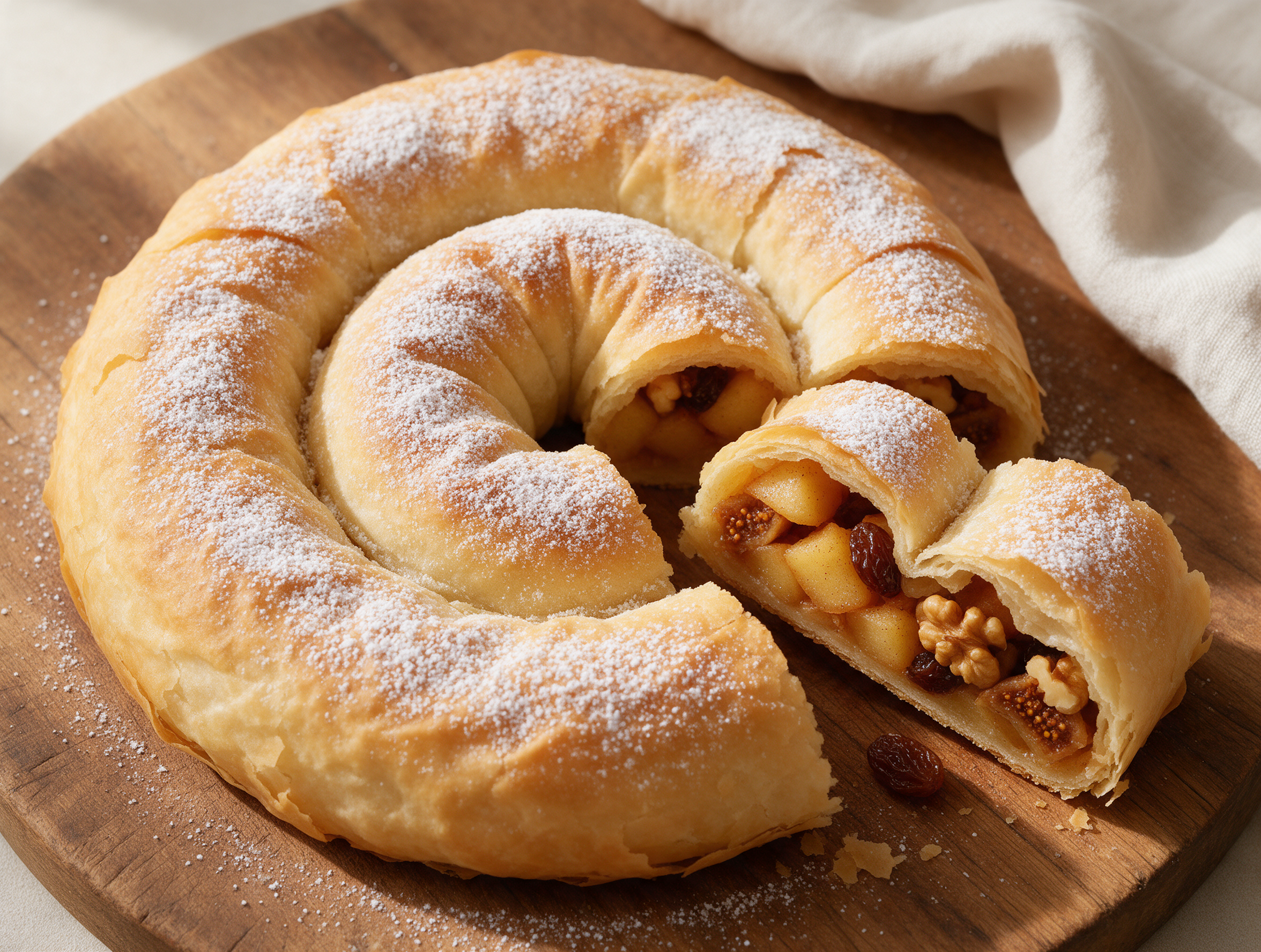 Golden coiled rocciata umbra dusted with powdered sugar, a cut slice showing walnuts and apple on a wood board.