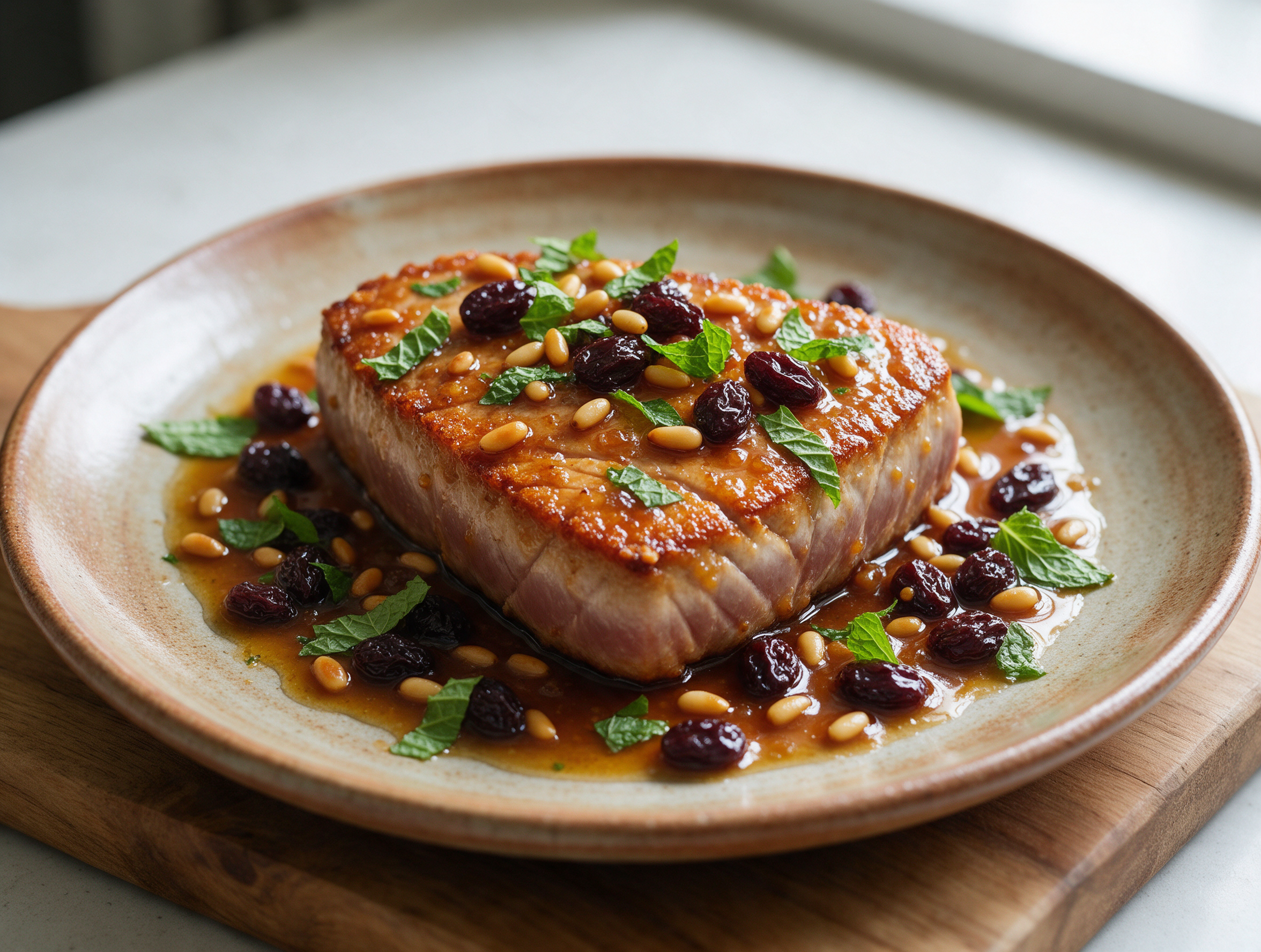 Seared tuna steak glazed with glossy Sicilian agrodolce sauce, raisins and pine nuts scattered over a rustic plate