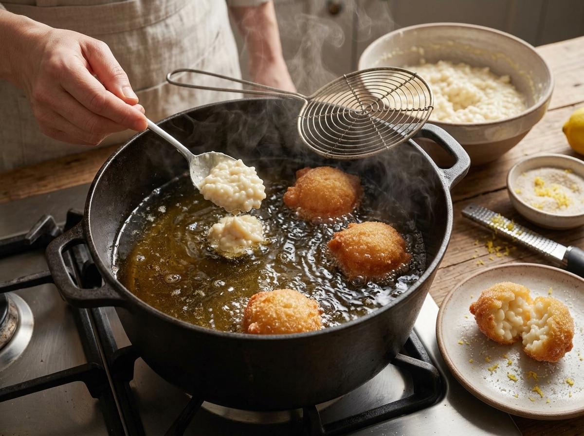 Cook lowering spoonfuls of rice batter into a pot of shimmering hot oil, bubbles rising around each golden frying fritter