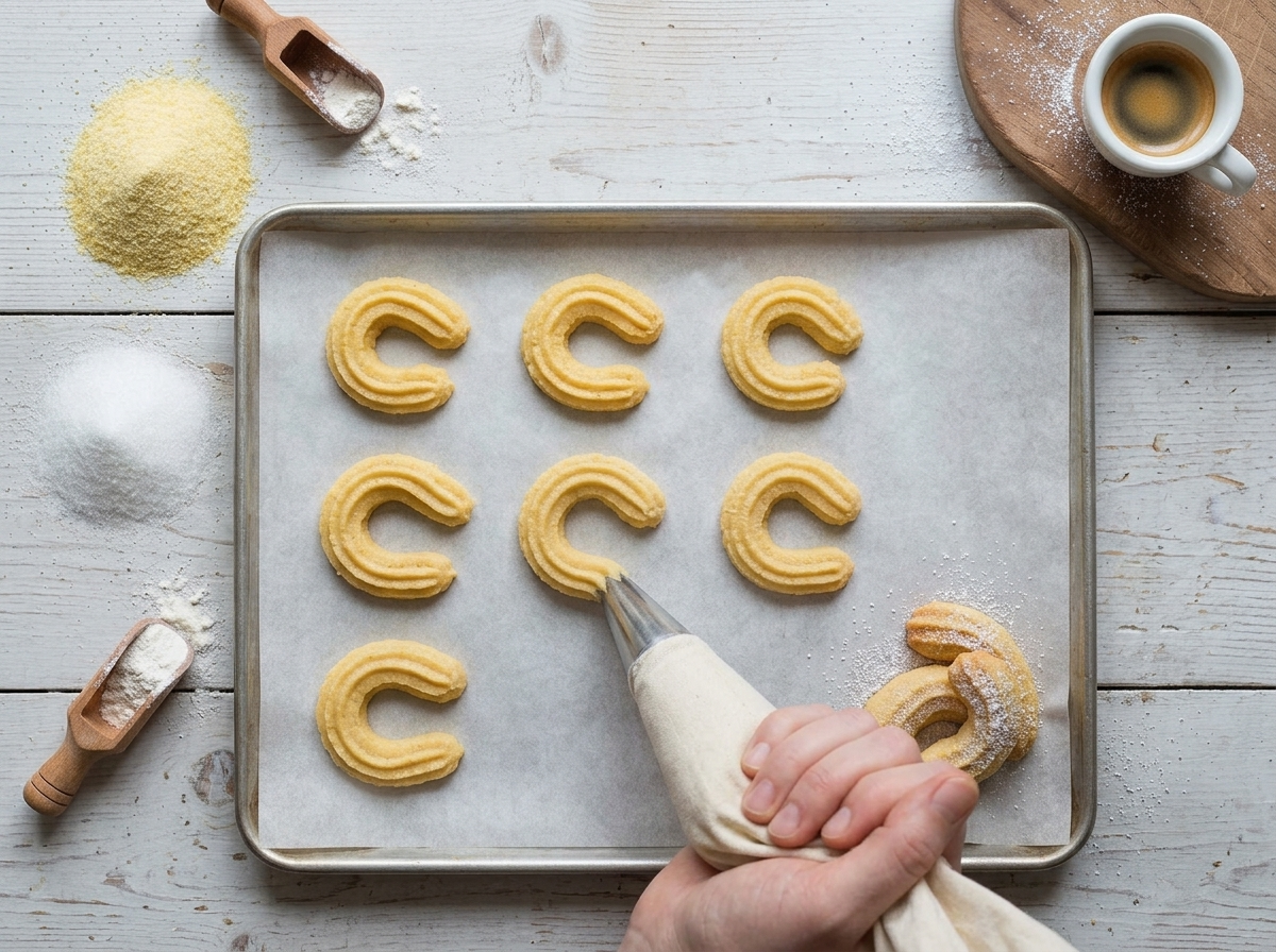 Cornmeal cookie dough being piped through a star tip into curved C shapes on a parchment-lined sheet pan.
