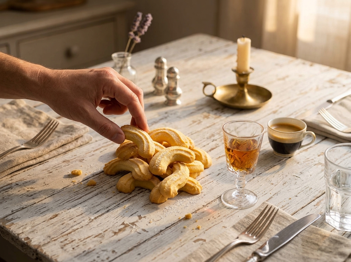 A hand reaching for a krumiri cookie on a linen napkin next to a glass of vin santo on a marble table.