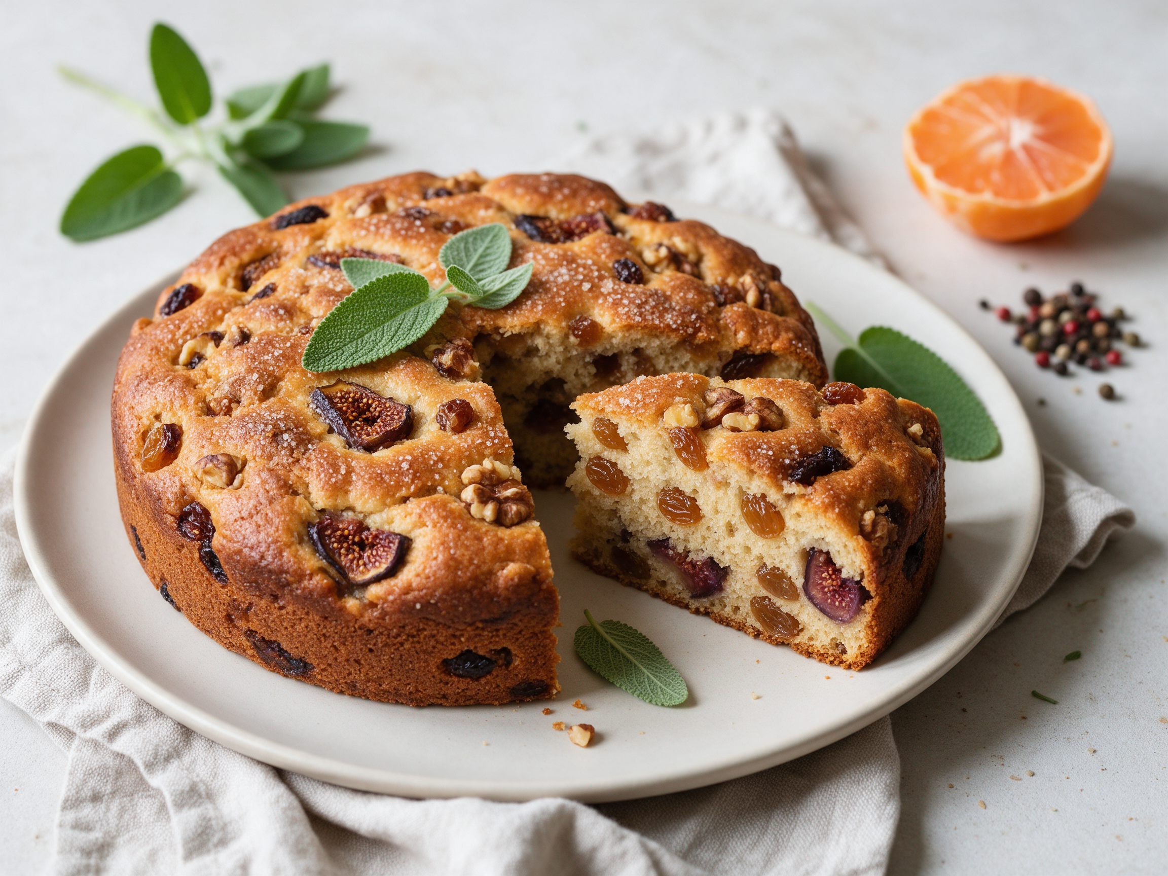 Golden baked fig and walnut cake on a wooden board with one wedge cut, costmary leaves beside it