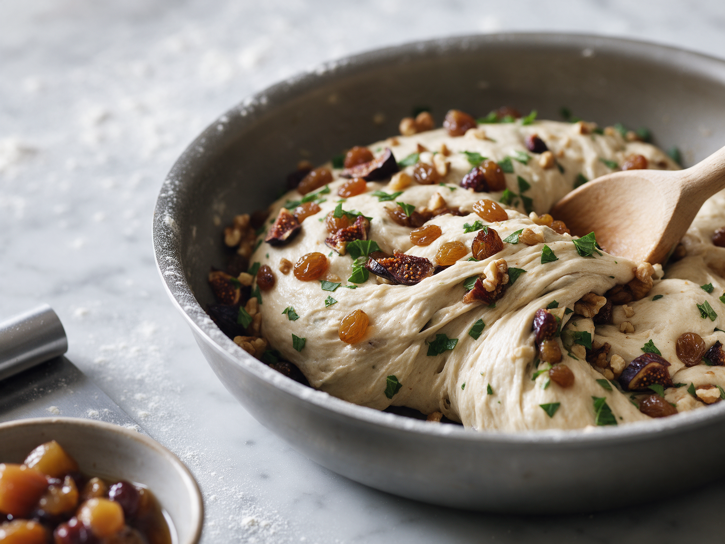 Hands folding grappa-soaked raisins, figs and chopped walnuts into pale yeasted dough on a floured counter