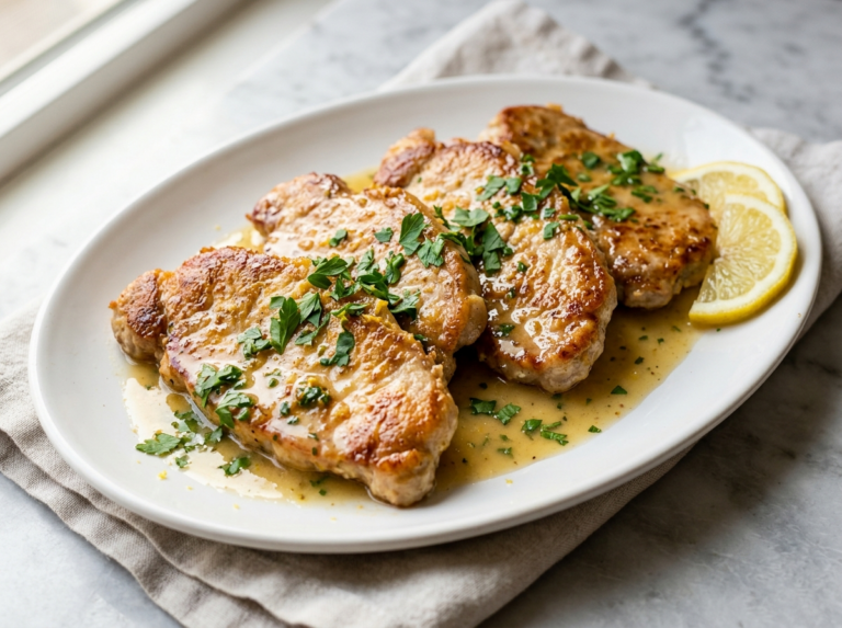 Scaloppine al limone on a white plate with glossy lemon butter sauce, fresh parsley, and lemon slices on marble surface