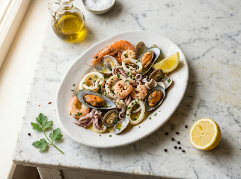 Italian insalata di mare on a white plate with squid rings, shrimp, mussels, clams, and fresh parsley on marble