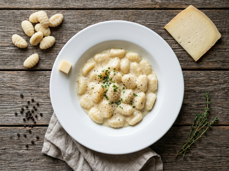 Bowl of gnocchi alla bava with silky Fontina cream sauce and a fork lifting a long cheese pull, black pepper on top