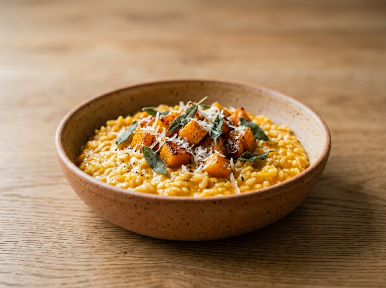 Bowl of Italian autumn pumpkin risotto topped with roasted butternut squash and crispy sage on a wood table