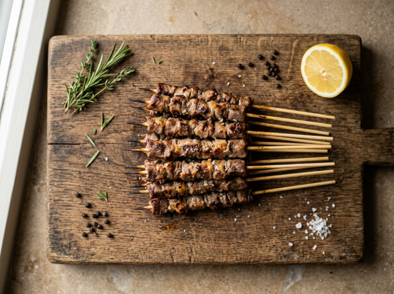 Arrosticini abruzzesi lamb skewers with charred grill marks on a wooden board with coarse salt and rustic bread