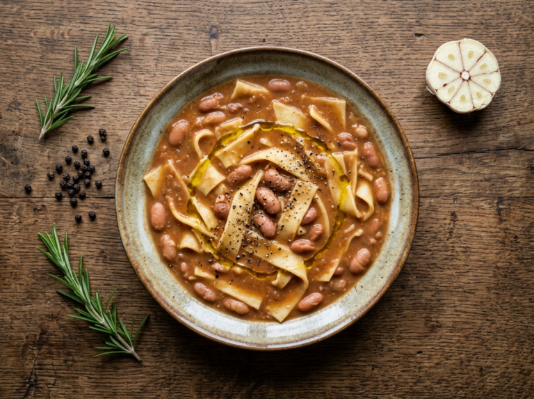 Bowl of sagne e fagioli showing wide pasta strips, borlotti beans, and thick tomato broth finished with olive oil