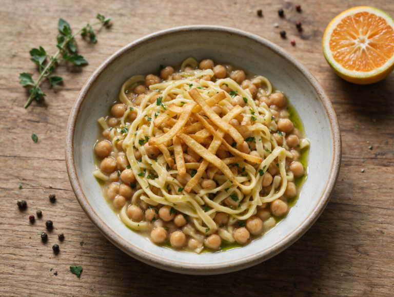 Rustic ceramic bowl of ciceri e tria showing golden fried pasta strips scattered over a chickpea stew with parsley on top.